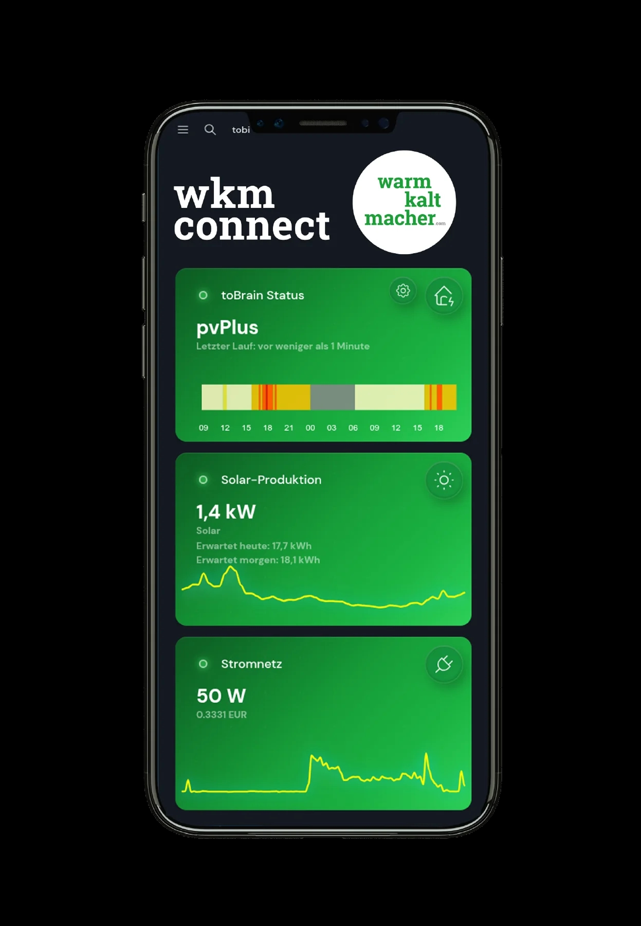 wkm connect-App mit Energiestatus, Solarproduktion und Stromnetz