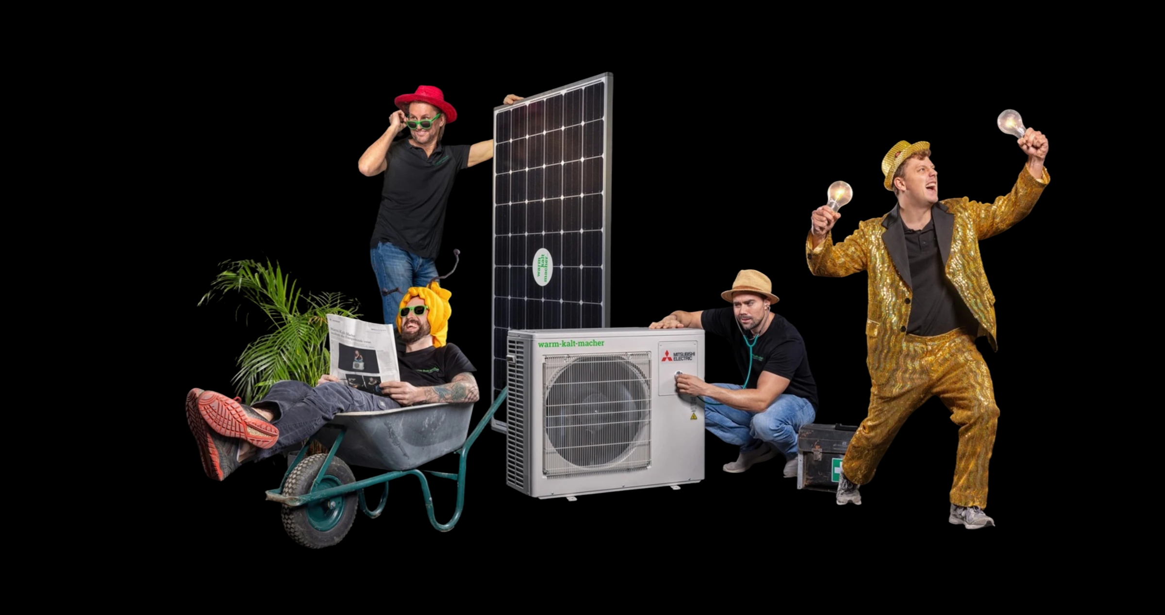 wkm Team mit Photovoltaikmodul und Wärmepumpe